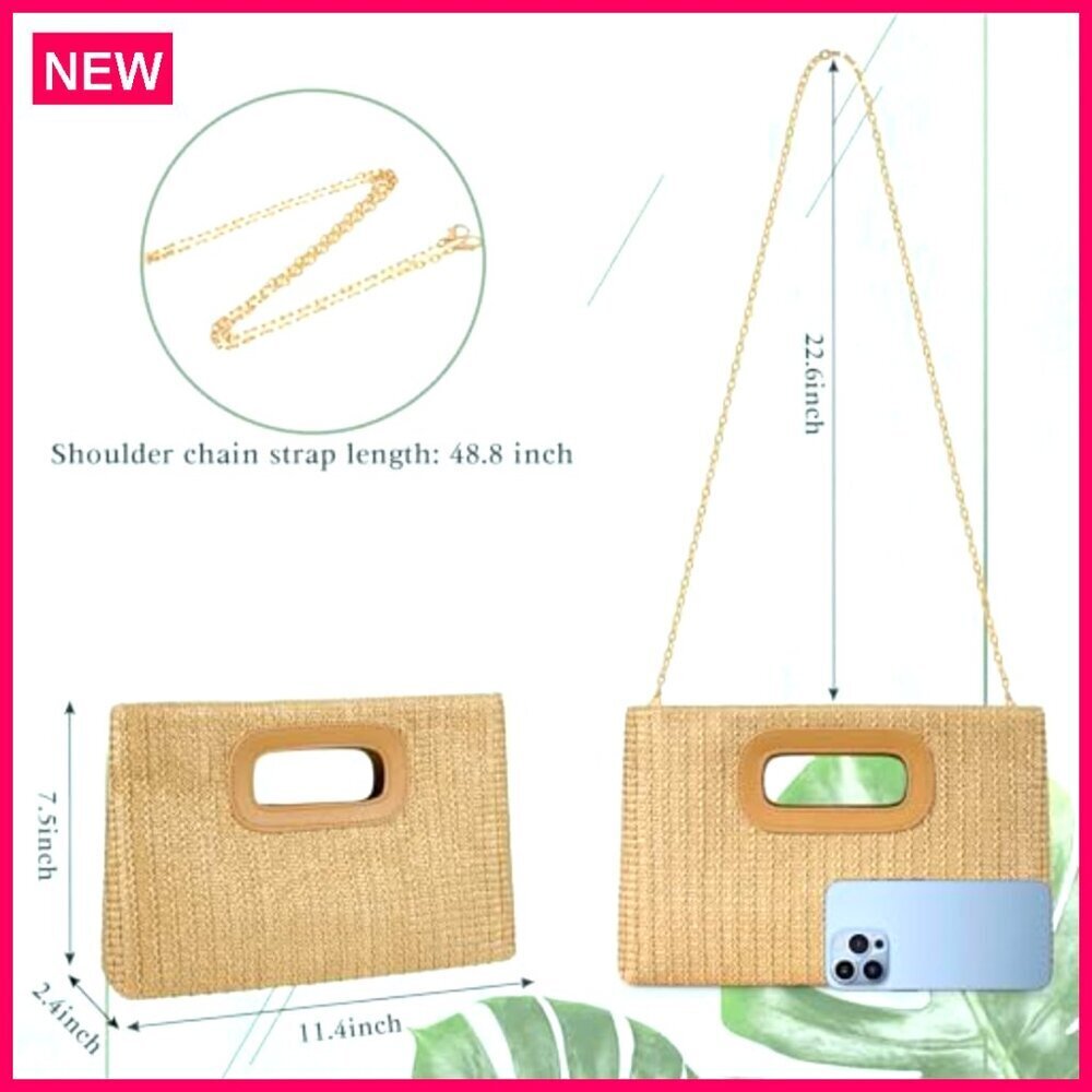 Top Handle Straw Clutch Purse with Detachable Shoulder Strap 11.3x7.5 - Picture 7 of 8